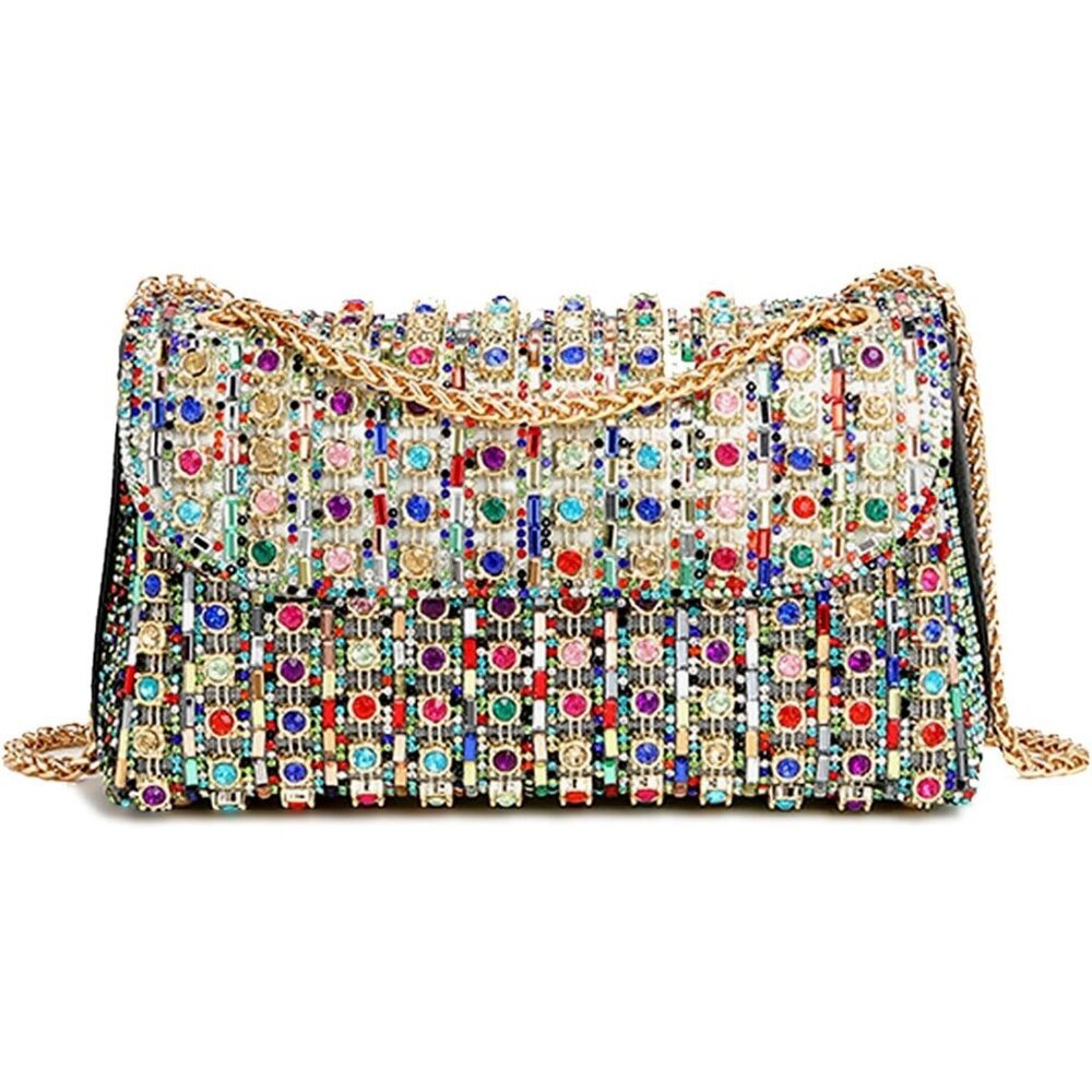 Women's Multicolor Rhinestones Chain Shoulder Sparkly Cocktail Party Clutch Bag